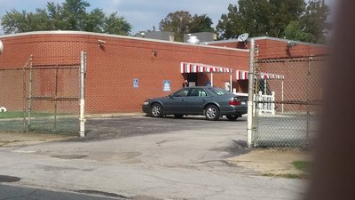 car behind open gate