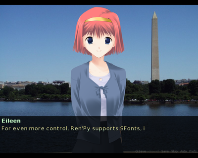 A screenshot of the Ren'Py 6.13.0.1569 tutorial, in fullscreen ANGLE mode. Displayed is a possible bug where part of the SFont text on line 2 is rendered at the same time as the similarly-formatted text on line 1.