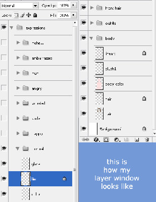 The layers are hierarchized in folders, because there so many! and I can turn them visible or invisibe in groups for easiest preview.