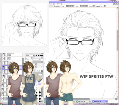 I'm working on a smaller VN game to get more familiar with Ren'py... :'D<br />It will have a flat-chested/tomboyish female protagonist (who loves shoujo manga and otome games),&quot;twins&quot;, coffee, and a fancy cafe.<br />Yes, I re-used one of my pre-existing character sprites for the brown-haired twins. ;u; I'm too lazy to make a new one. /shame