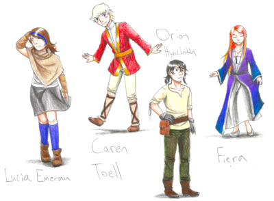 OLD first draft of my primary cast, drawn before the script was done. Lucia has gone through the most design changes since then.