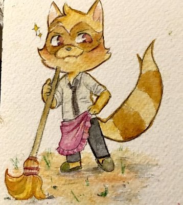 Charming and cute raccoon shopkeeper named Roman