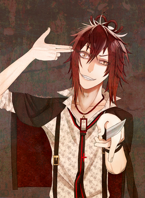 Mineo Enomoto (http://www.otomate.jp/collar_malice/chara/?page=4)<br /><br />He looks insane lol.  practice art