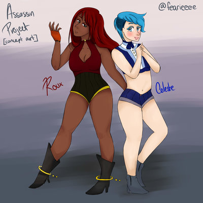 Concept art of Roux and Celeste. (not their actual outfits, just me and my guilty pleasure of drawing bare legs)