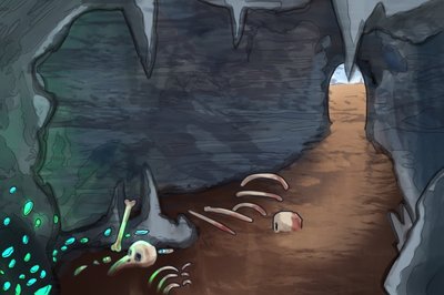 A cave with glowing gems and bloody bones- beware of monsters! :P