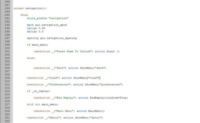 This is the code as it is now, in screens.rpy. I believe this is the relevant section?