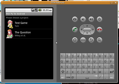 Ren'Py for Android / Pygame for Android project selection interface.