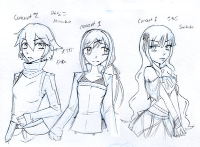 Minako's updated character concept, and the other two women of ADRIFT, Erika and Sachiko